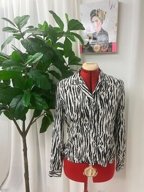 Vintage Silk Black & White Zebra Print Button-Up Blouse